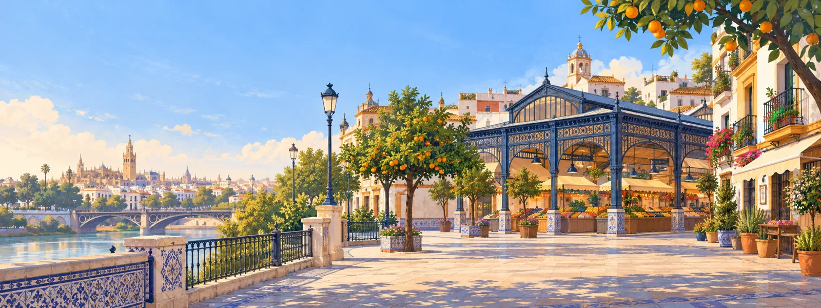 Illustration d’une ville espagnole avec une place et un marché.